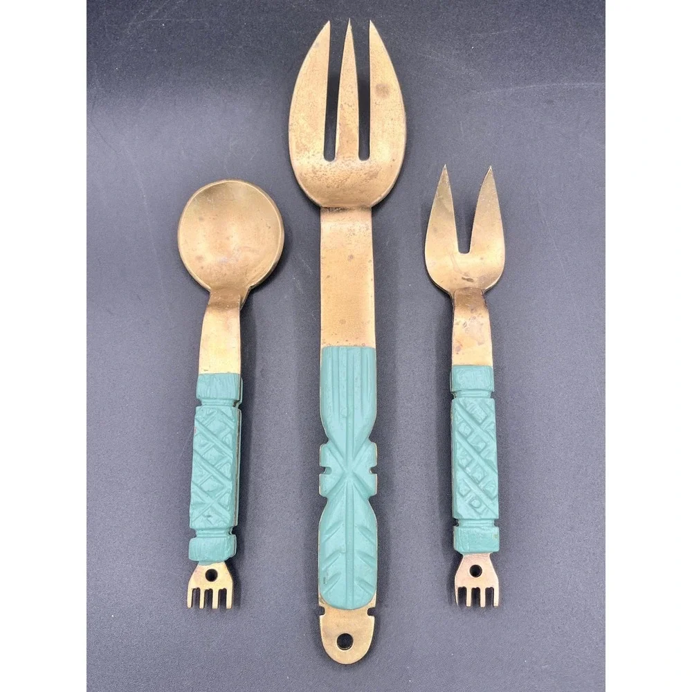 Vtg‎ Lg Hammered Brass Wood Serving Fork Smaller 2-Prong Fork Spoon Handcrafted